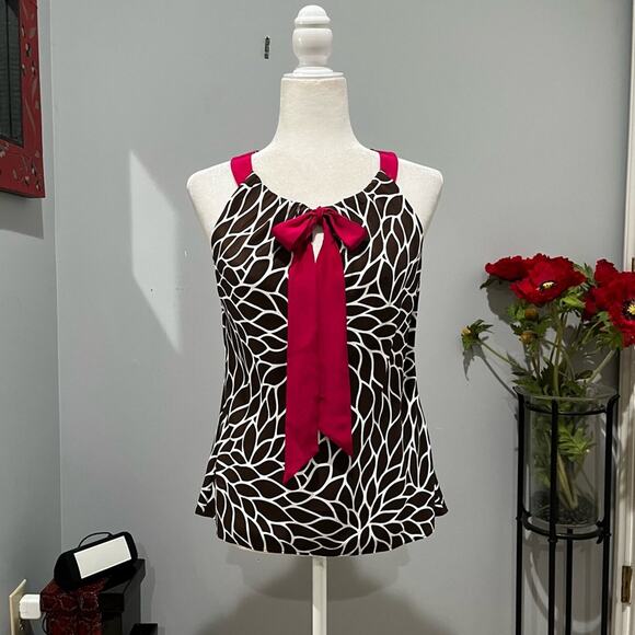 NEW Ann Taylor Silk Classic Keyhole Bow Spiral Flower Sleeveless Two Tone Top 4 - Picture 1 of 16
